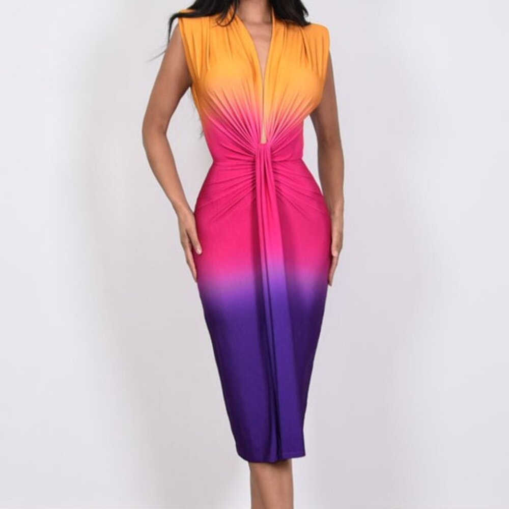 OMBRE PRINT SLEEVELESS MIDI DRESS